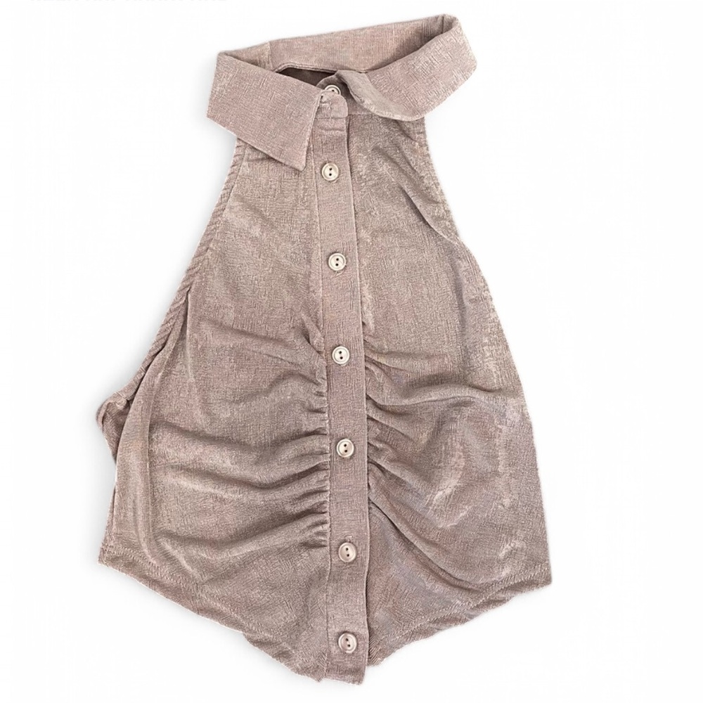 Button Up Collared Halter Crop Top, Size S